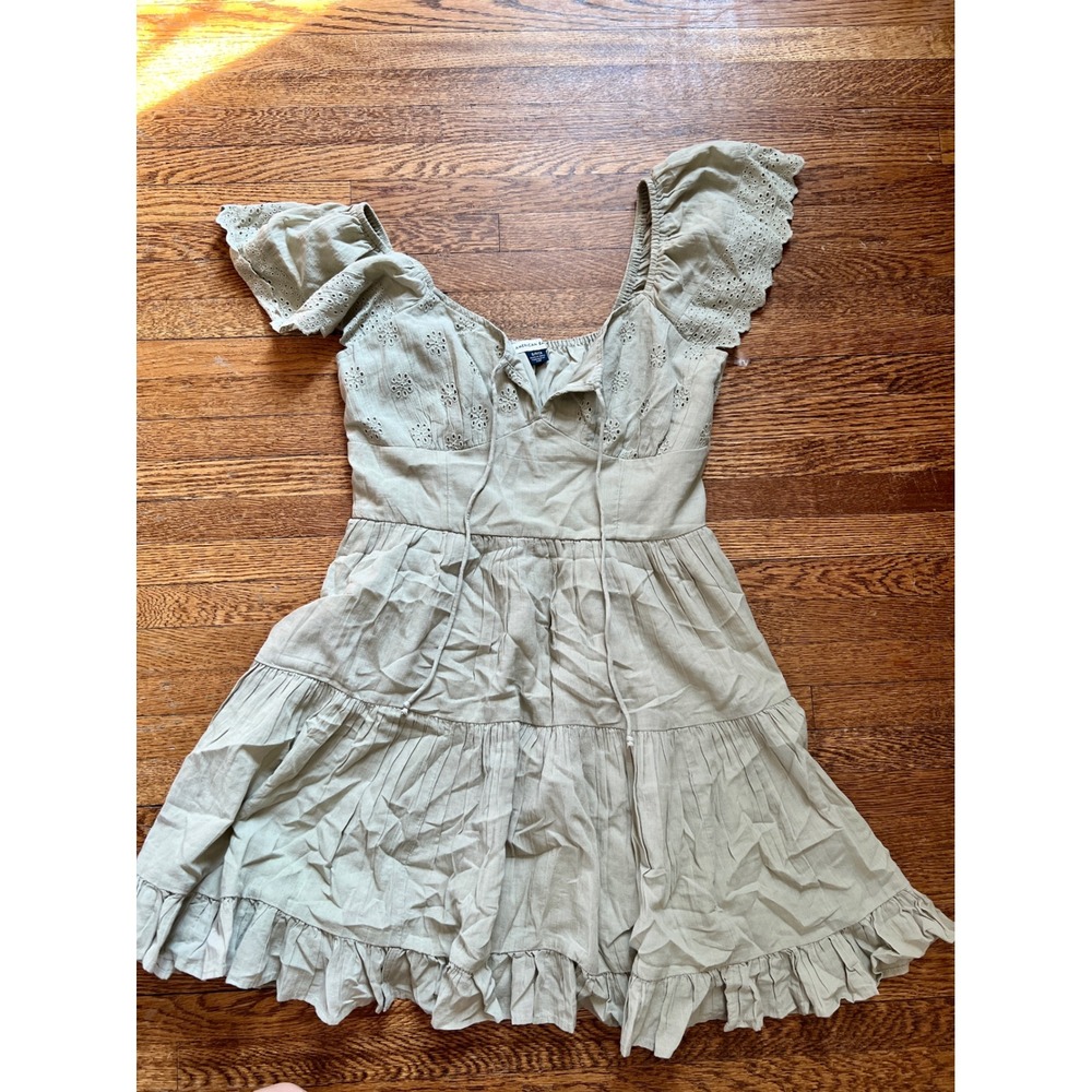 American Eagle Sage Green Eyelet Tiered Mini Dress Smocked Back S